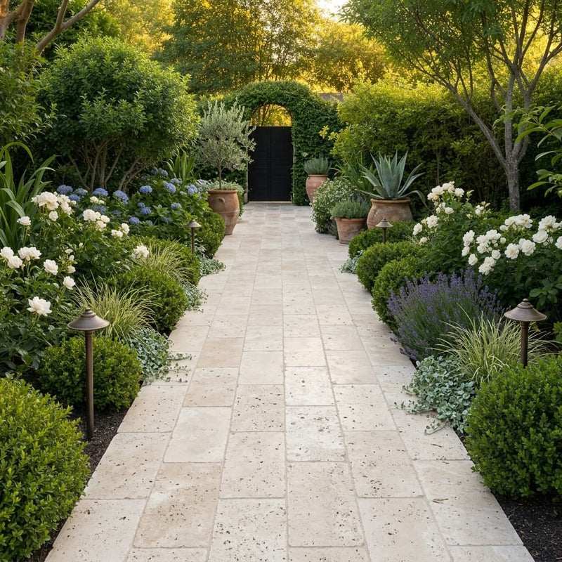 Ivory Beige Travertine Paver 12x24 Tumbled 2 inch — Garden path