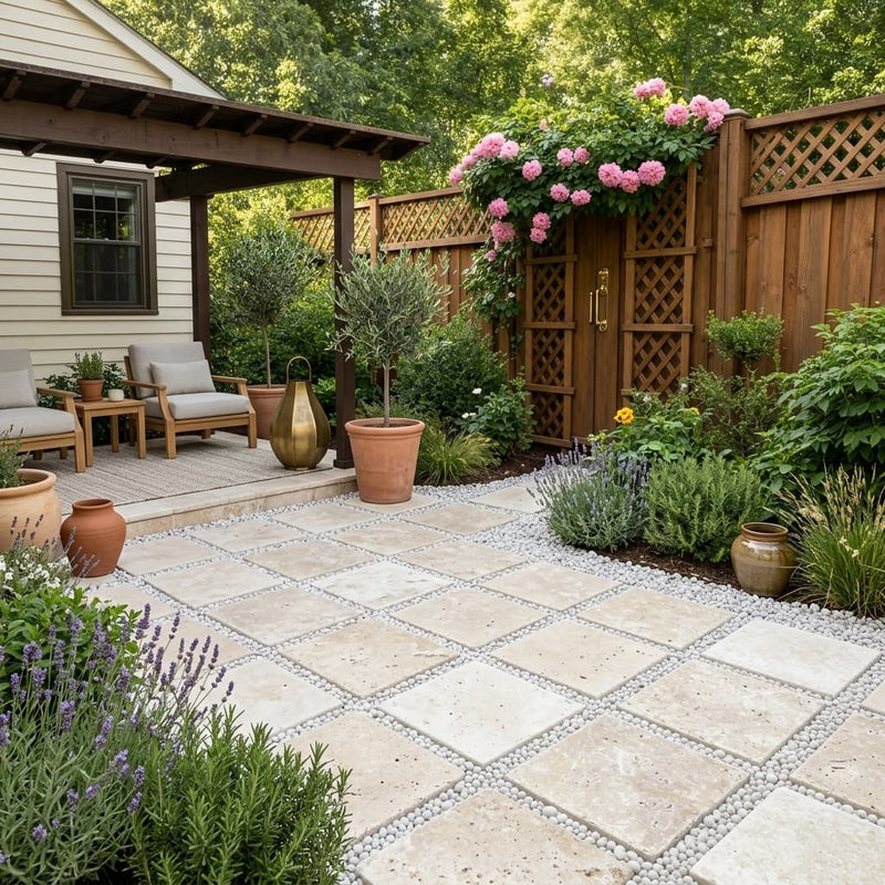 Ivory Beige Travertine Paver 16x16 Tumbled 1.25 inch — Backyard patio