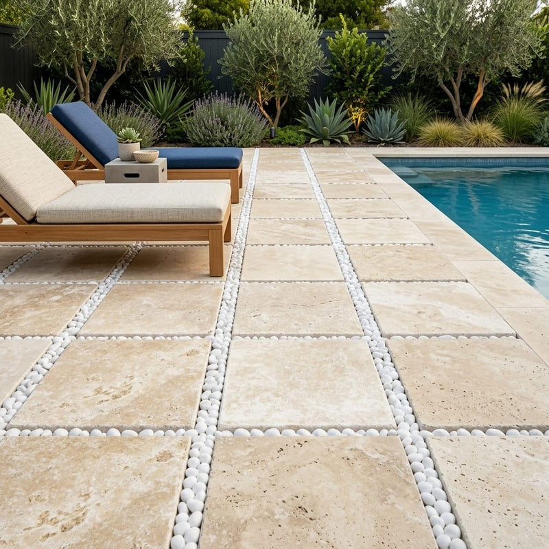 Ivory Beige Travertine Paver 16x16 Tumbled 1.25 inch — Backyard pool deck