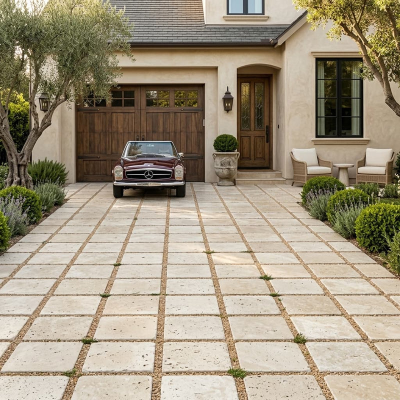 Ivory Beige Travertine Paver 16x16 Tumbled 1.25 inch — Front Yard driveway