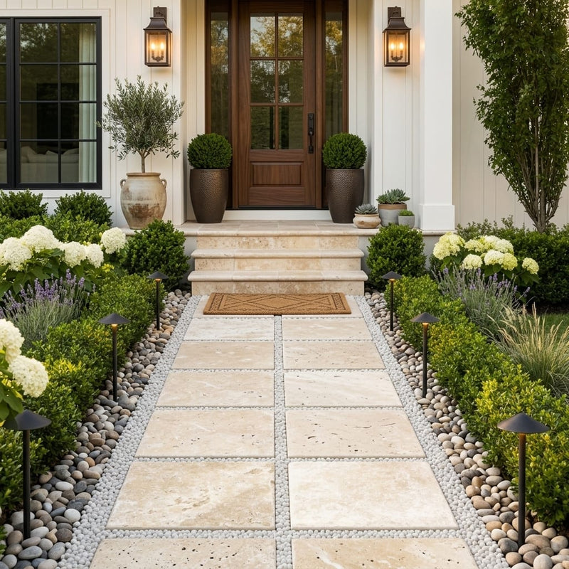 Ivory Beige Travertine Paver 16x16 Tumbled 1.25 inch — Front Yard walkway