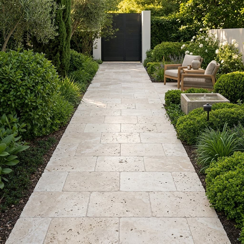 Ivory Beige Travertine Paver 16x24 Tumbled 1.25 inch — Garden path