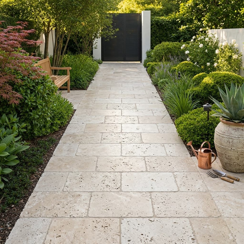 Ivory Beige Travertine Paver 16x24 Tumbled 3 inch — Garden path
