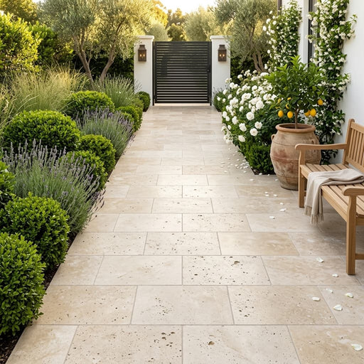 Ivory Beige Travertine Paver 16x24 Unfilled, Brushed 2 inch — Garden path