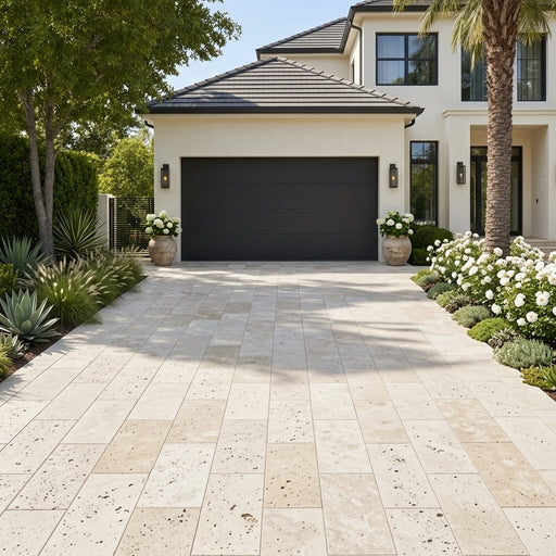 Ivory Beige Travertine Paver 16x24 Unfilled, Honed 2 inch — Front Yard driveway
