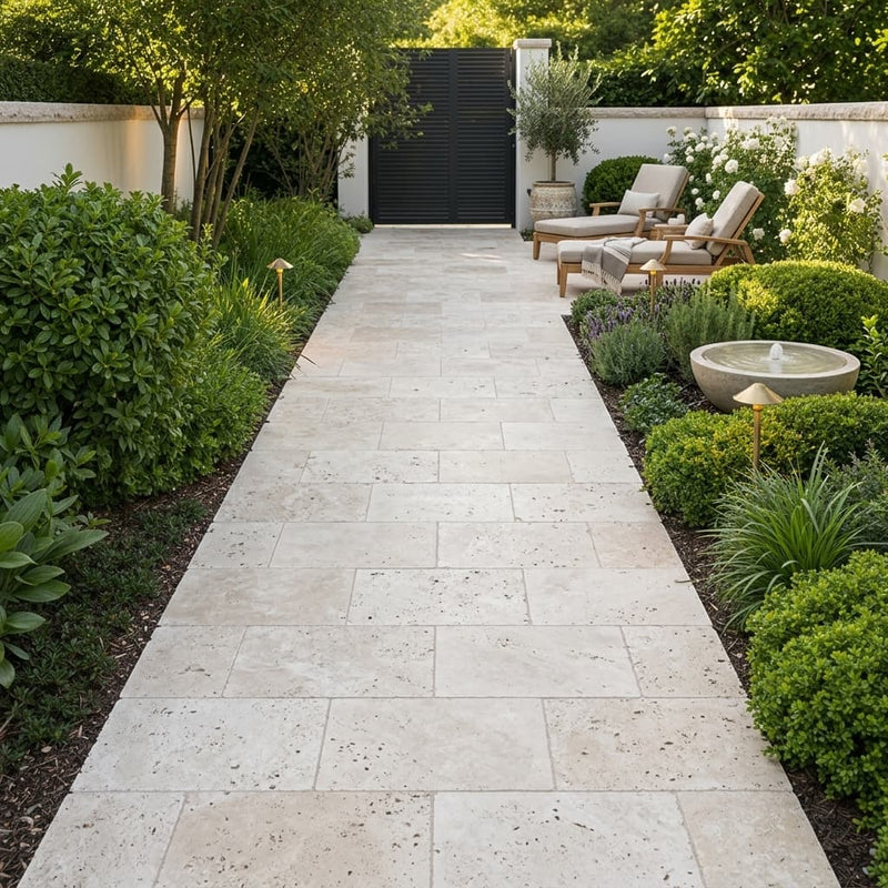 Ivory Beige Travertine Paver 16x24 Unfilled, Honed 2 inch — Garden path