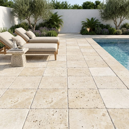 Ivory Beige Travertine Paver 24x24 Tumbled 1.25 inch — Backyard pool deck