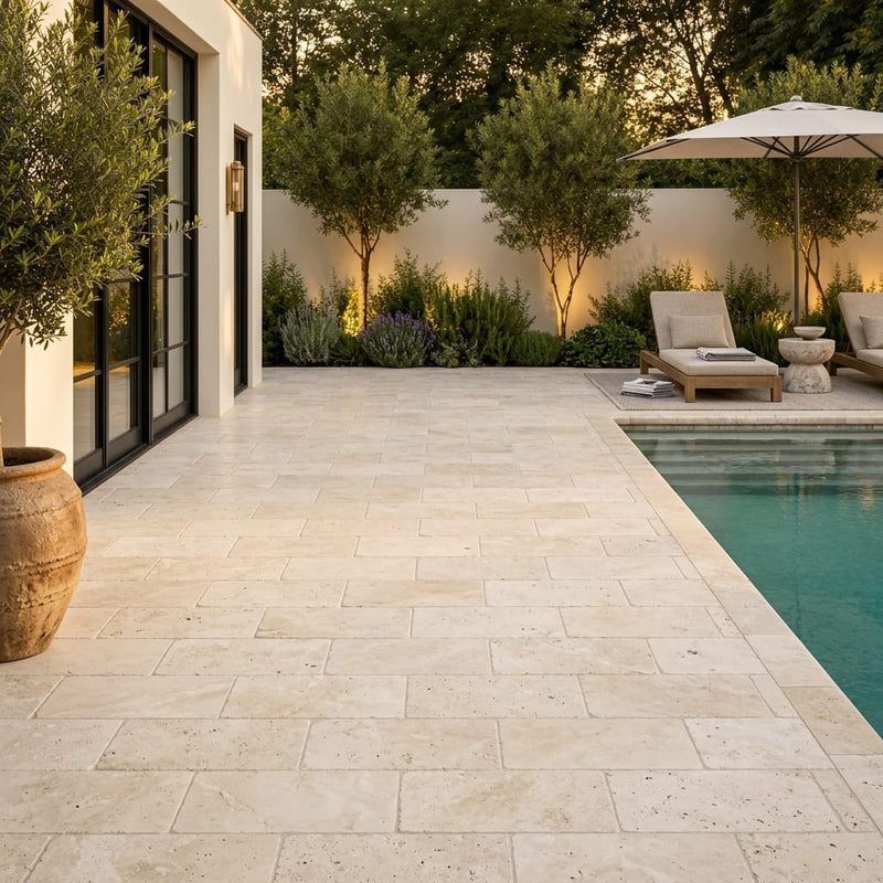 Ivory Beige Travertine Paver 6x12 Tumbled 1.25 inch — Backyard pool deck
