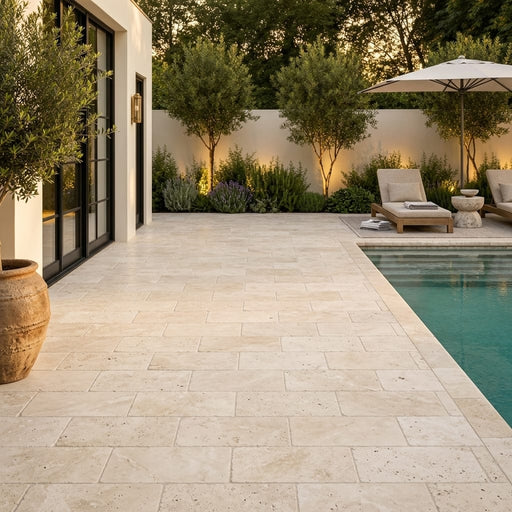 Ivory Beige Travertine Paver 6x12 Tumbled 1.25 inch — Backyard pool deck