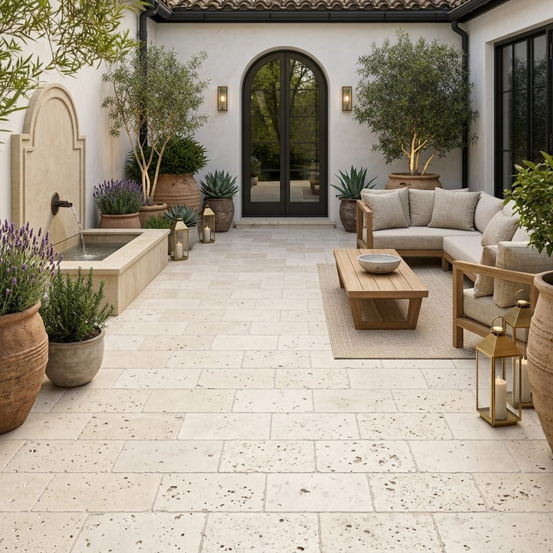 Ivory Beige Travertine Paver 6x12 Tumbled 1.25 inch — Courtyard paving