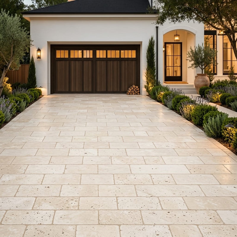 Ivory Beige Travertine Paver 6x12 Tumbled 1.25 inch — Front Yard driveway