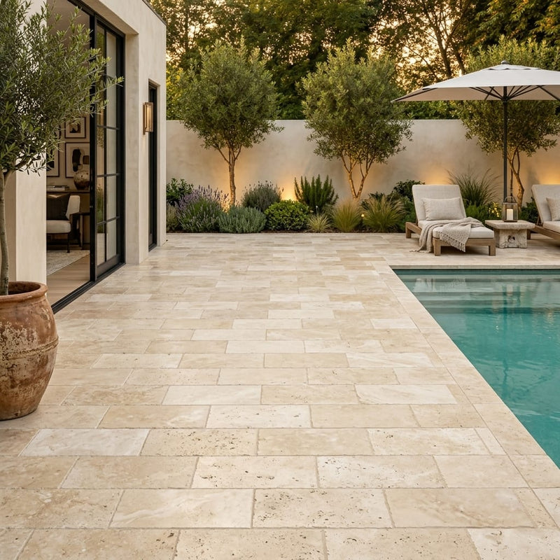 Ivory Beige Travertine Paver 6x12 Unfilled Chiseled 1.25 inch — Backyard pool deck