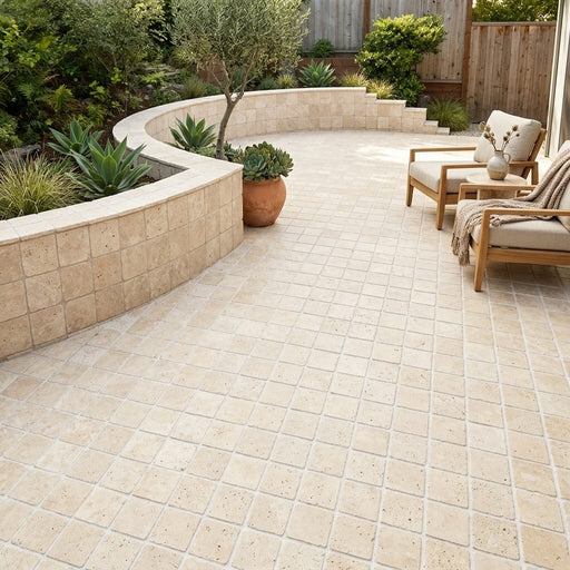 Ivory Beige Travertine Paver 6x6 Tumbled 1.25 inch — Backyard patio