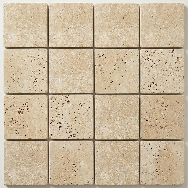 Ivory Beige Travertine Paver 6x6 Tumbled 1.25 inch close-up