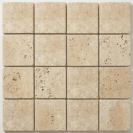 Ivory Beige Travertine Paver 6x6 Tumbled 1.25 inch close-up
