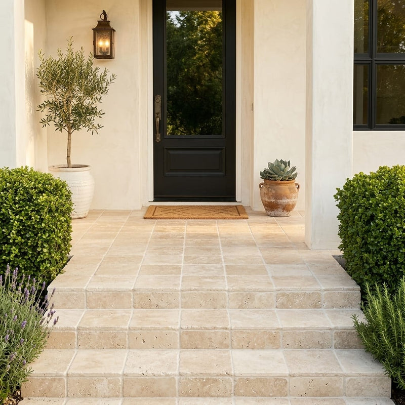 Ivory Beige Travertine Paver 6x6 Tumbled 1.25 inch — Front Yard front porch