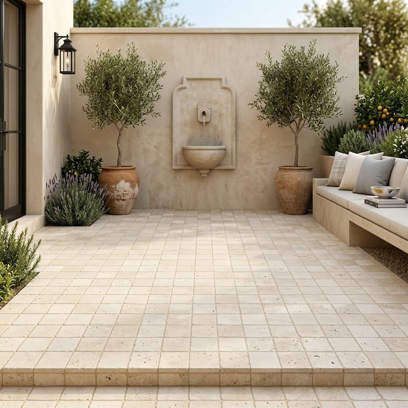 Ivory Beige Travertine Paver 6x6 Unfilled Chiseled 1.25 inch — Courtyard paving