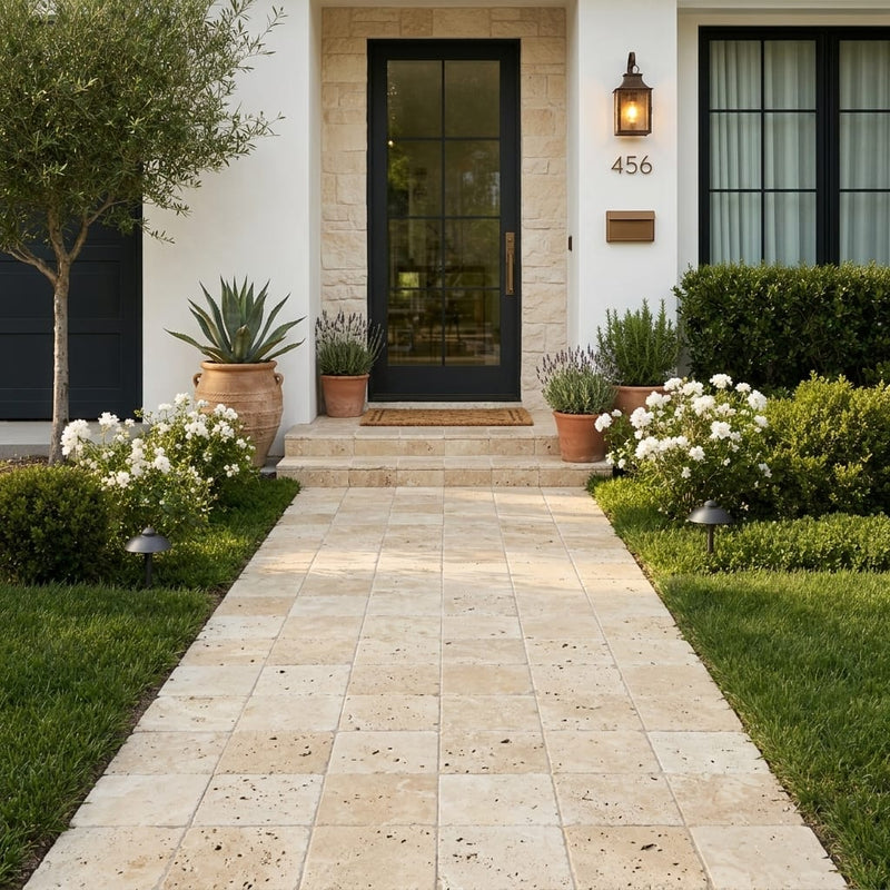 Ivory Beige Travertine Paver 6x6 Unfilled Chiseled 1.25 inch — Front Yard walkway