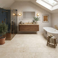 Ivory Beige Travertine Tile 12x12 Unfilled, Honed — Bathroom floor