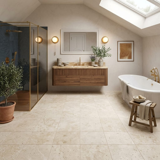 Ivory Beige Travertine Tile 12x12 Unfilled, Honed — Bathroom floor