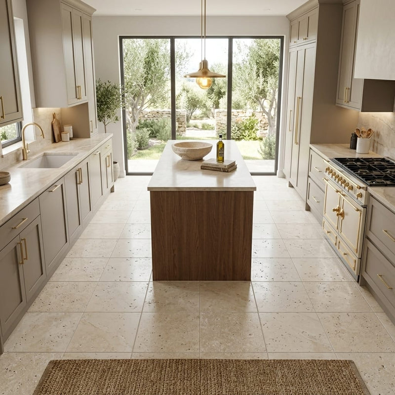 Ivory Beige Travertine Tile 12x12 Unfilled, Honed — Kitchen floor