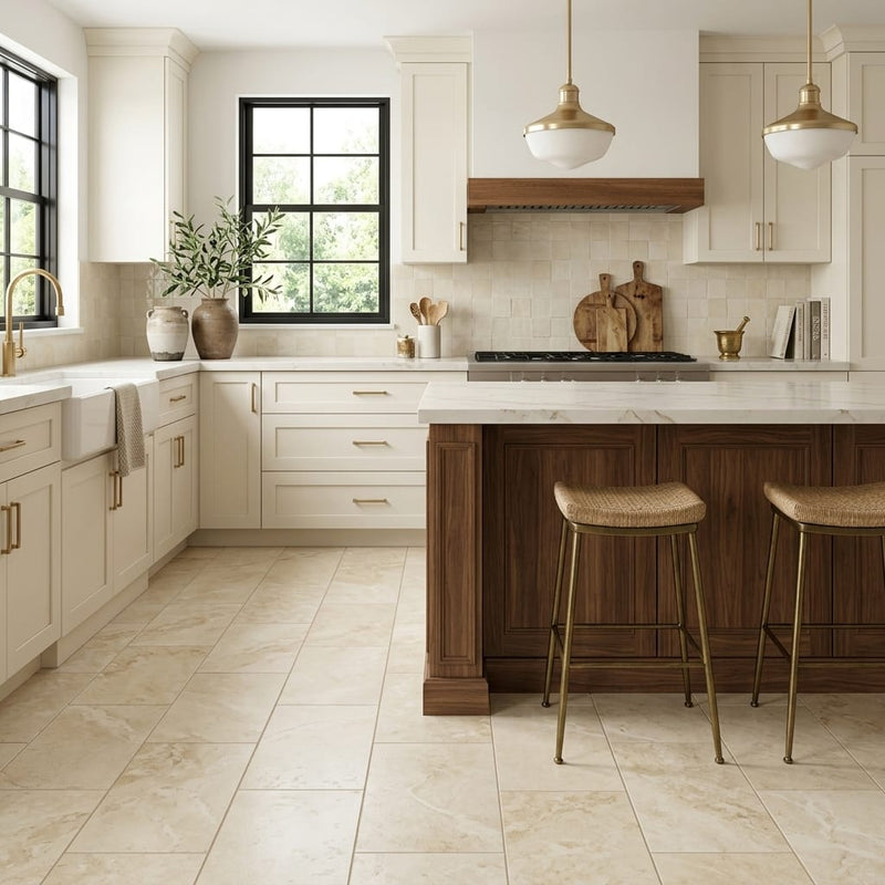 Ivory Beige Travertine Tile 12x24 Filled, Honed — Kitchen floor