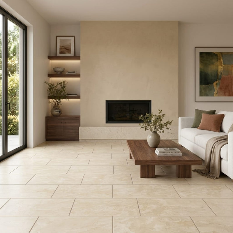 Ivory Beige Travertine Tile 12x24 Filled, Honed — Living Room floor