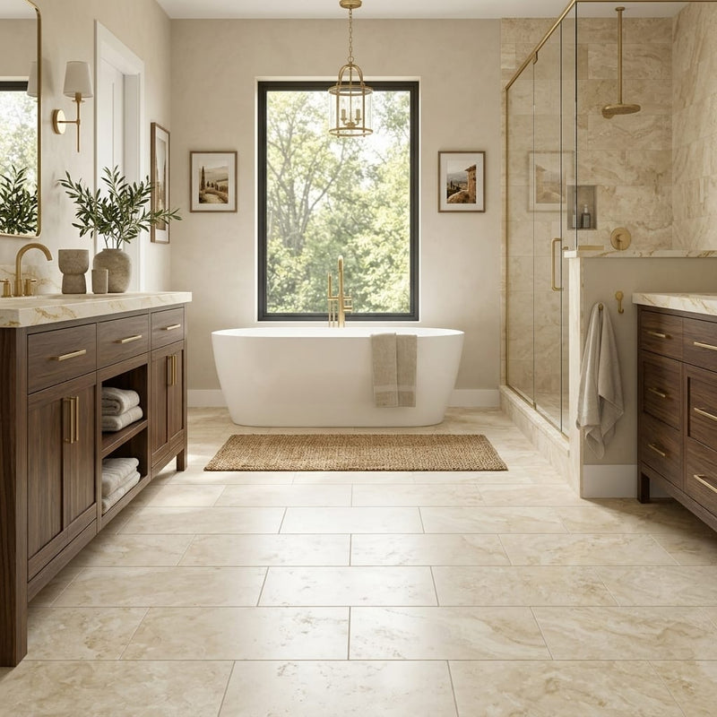 Ivory Beige Travertine Tile 12x24 Filled, Honed — Primary Bath floor