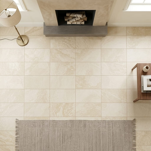Ivory Beige Travertine Tile 16x24 Filled, Honed — Living Room floor