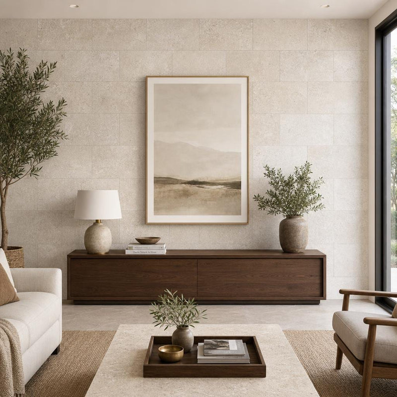 Ivory Beige Travertine Tile 16x24 Unfilled, Honed — Living Room feature wall