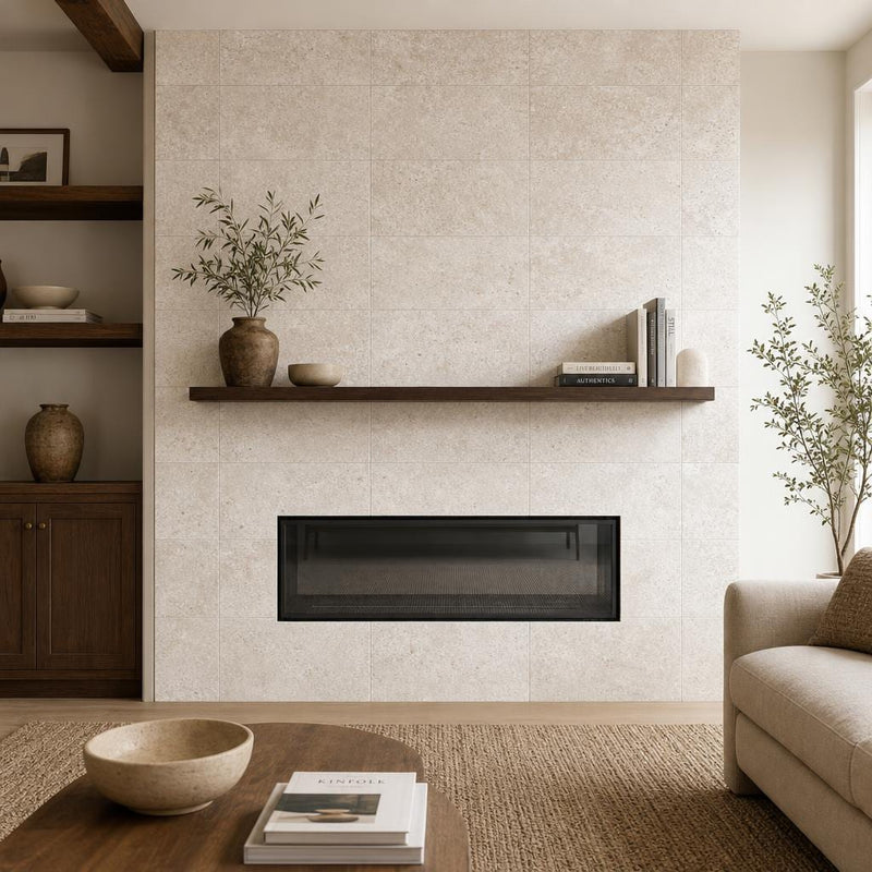 Ivory Beige Travertine Tile 16x24 Unfilled, Honed — Living Room fireplace surround