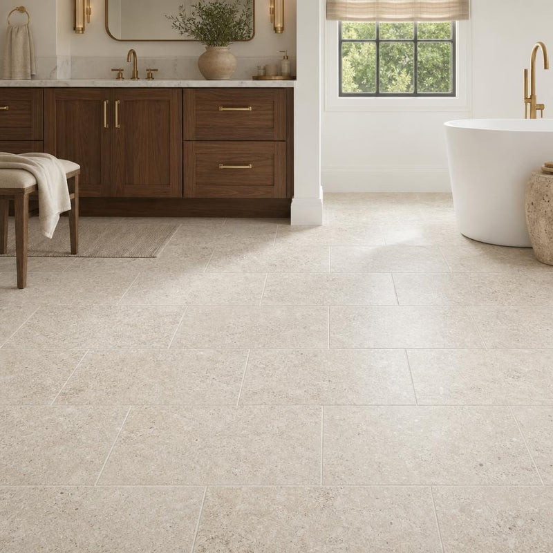 Ivory Beige Travertine Tile 16x24 Unfilled, Honed — Primary Bath floor