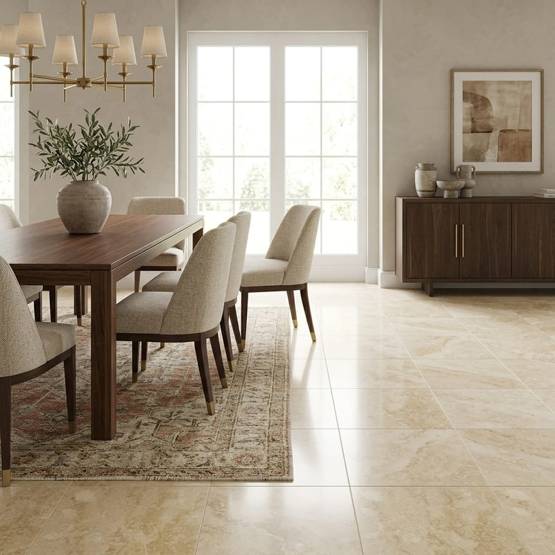 Ivory Beige Travertine Tile 18x18 Filled, Honed — Dining Room floor