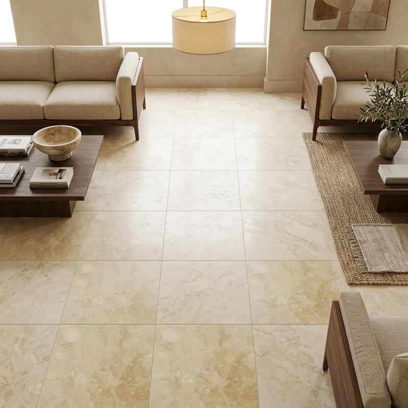 Ivory Beige Travertine Tile 18x18 Filled, Honed — Family Room floor