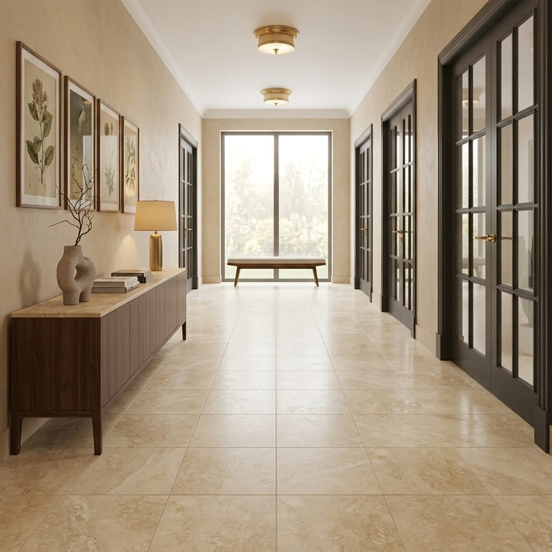 Ivory Beige Travertine Tile 18x18 Filled, Honed — Hallway floor