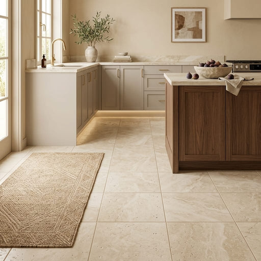 Ivory Beige Travertine Tile 18x18 Filled, Honed — Kitchen floor