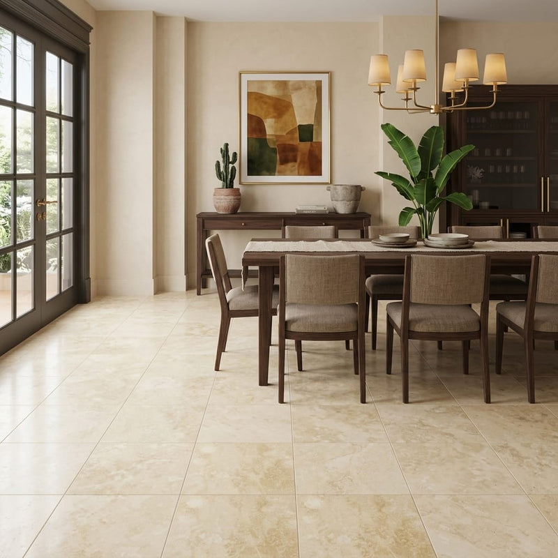 Ivory Beige Travertine Tile 18x18 Filled, Honed — Living Room floor
