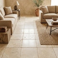 Ivory Beige Travertine Tile 18x18 Tumbled — Family Room floor