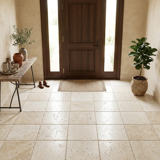 Ivory Beige Travertine Tile 18x18 Tumbled — Foyer floor