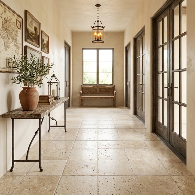 Ivory Beige Travertine Tile 18x18 Tumbled — Hallway floor