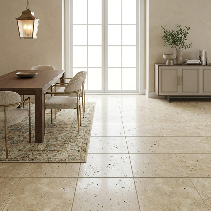 Ivory Beige Travertine Tile 18x18 Unfilled, Honed — Dining Room floor