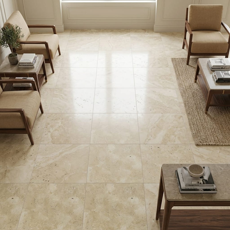 Ivory Beige Travertine Tile 18x18 Unfilled, Honed — Family Room floor