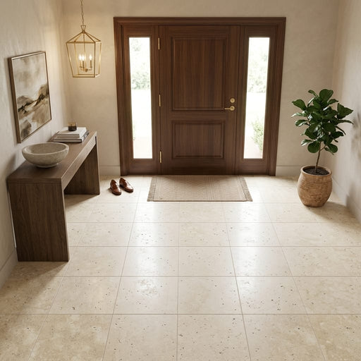 Ivory Beige Travertine Tile 18x18 Unfilled, Honed — Foyer floor