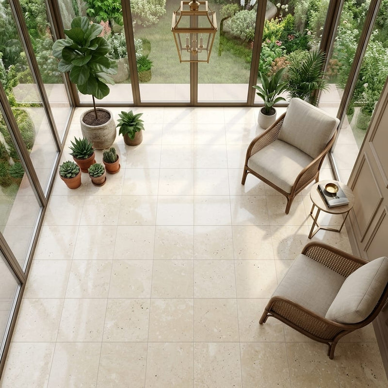 Ivory Beige Travertine Tile 18x18 Unfilled, Honed — Sunroom floor
