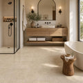 Ivory Beige Travertine Tile 18x36 Brushed Chiseled — Bathroom floor