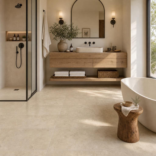 Ivory Beige Travertine Tile 18x36 Brushed Chiseled — Bathroom floor