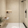 Ivory Beige Travertine Tile 18x36 Brushed Chiseled — Bathroom shower wall