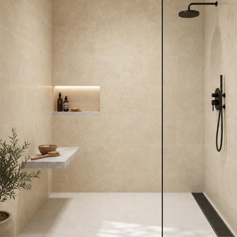 Ivory Beige Travertine Tile 18x36 Brushed Chiseled — Bathroom shower wall