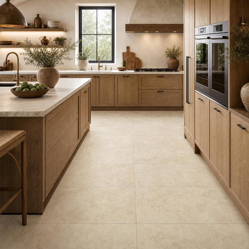 Ivory Beige Travertine Tile 18x36 Brushed Chiseled — Kitchen floor