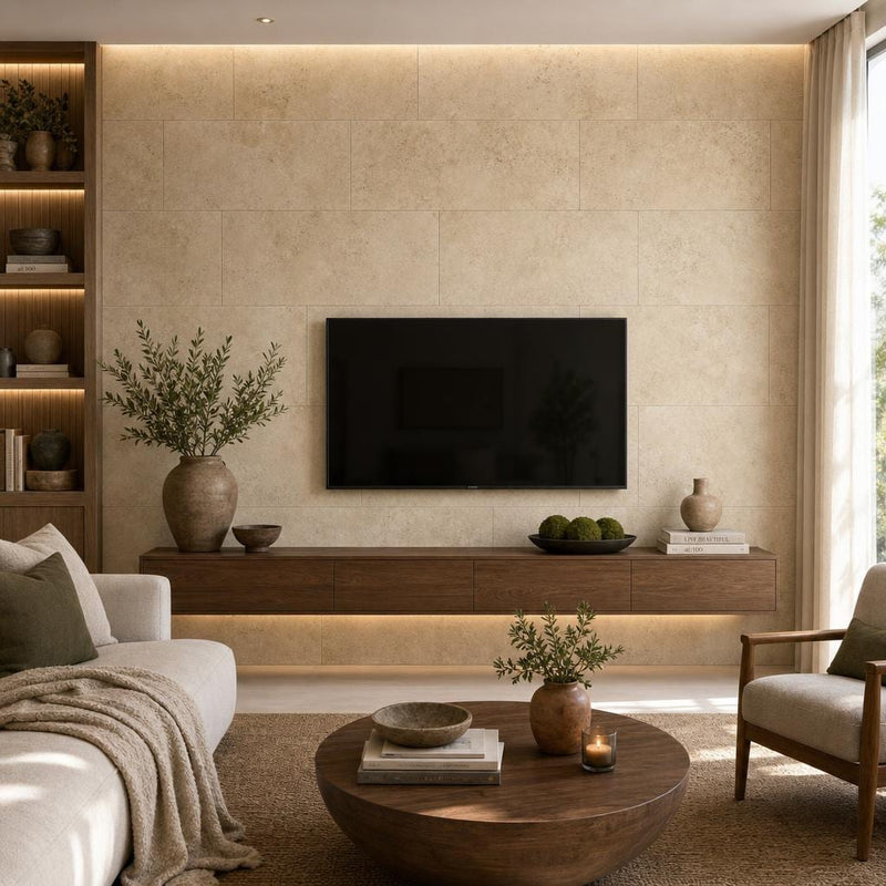 Ivory Beige Travertine Tile 18x36 Brushed Chiseled — Living Room feature wall